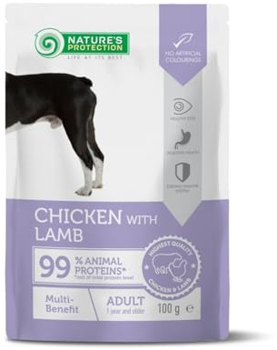 Nature's Protection Comida para perros con pollo y cordero, sin cereales, con omega-3 y taurina, para perros adultos, músculos fuertes y pelo saludable (22 x 100 g)