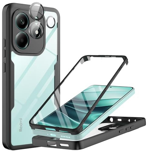 MQERYBV Coque pour Xiaomi Redmi Note 14 4G,Antichoc Housse avec Protection écran Caméra Arrière Protecteur Intégrale 360°Protection Double Case Bumper Robuste Transparente-Noir