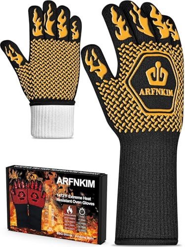 ARFNKIM Guanti da forno per barbecue, 800 °C, 3 strati, resistenti al calore, guanti da forno in silicone antiscivolo per barbecue, griglia, cottura, saldatura, affumicatore (un paio) (giallo)