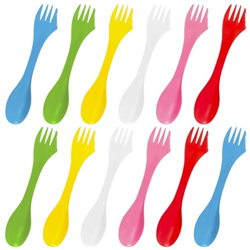 SYEYCW 12 Pcs Plastic Forks, Spork Camping Cutlery Set, Portable and Reusable Spork, Lightweight and Strong Spoon Fork for Outdoor, Camping, Backpacking Hiking, Travel, 6 Colors