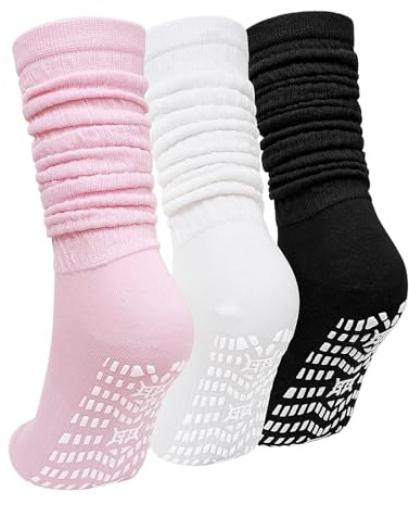ZAKASA Chaussettes Hautes Antidérapantes Femme: Chaussettes Longues Slouch Empilées Montantes Tricotées Coton pour Yoga Pilates EU 39-42 Coloré 3 Paires