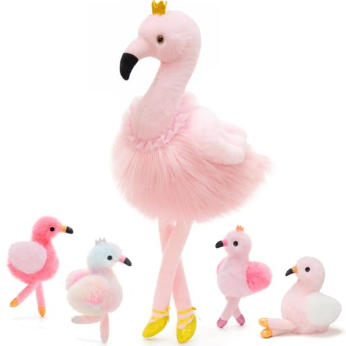 MorisMos Ballerina Flamingo Stuffed Animal, 60cm Mommy Flamingo with 4 Baby Bird Plush Toys Inside Zipper Tummy, Pink Bird Stuffed Animals Gift for Girl Women Wall Decor Birthday Christmas Valentines