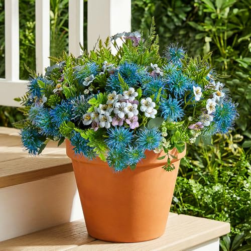 RM ROOMERS Artificial Flowers Plants for Outdoors, Fake Flowers Blue Sea Holly Faux Flower for Garden Porch Windowbox Front Door Yard Wedding Home Decor Indoor Vase (4 Bundles/24 Stems)