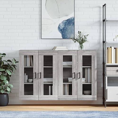 Mokuyary Armadi da parete 2 pezzi, grigio Sonoma in legno, armadietto medico, armadio da parete per bagno, cucina e corridoio, modello nero a forma di U