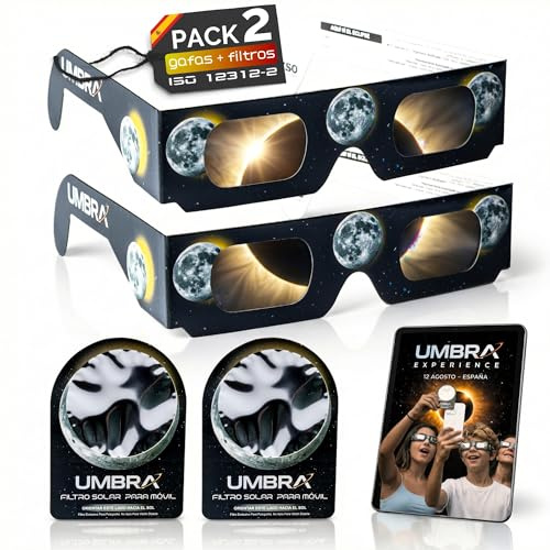Gafas Eclipse Solar Homologadas ISO 12312-2 y CE – Pack 2 Gafas Certificadas para Ver Eclipse Solar + 2 Filtros Solar para Móvil – Protección Ocular Segura Observación Sol 2026 Eclipse Total y Parcial
