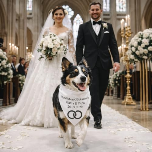 Bandana Chien Personnalisé avec Nom – Foulard pour Chien Personnalisable avec Texte & Symbole – Lavable – Fabriqué et Personnalisé en Europe (M, Mariage)