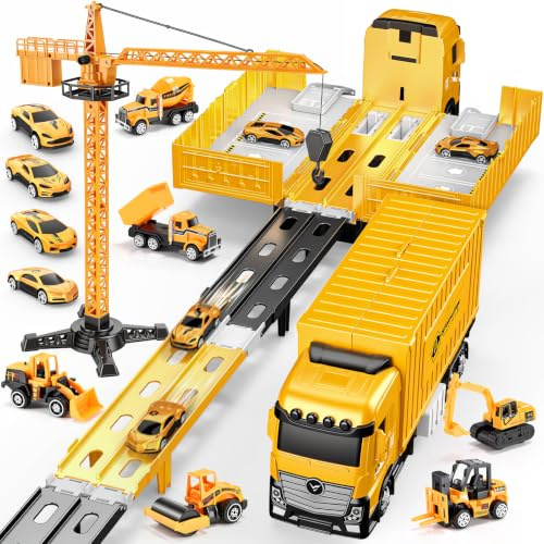 Juguetes para Niños 3-8 Años: Camión Lanzador Catapulta con Pista Plegable – Juguete de Construcción, Incluye 4 Coches de Carreras, 6 Vehículos de Construcción y Grúa, Cumpleaños