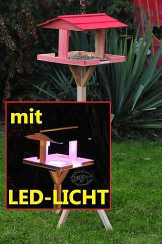 vogelfutterhaus,XXL,mit Licht,DACH ROT,MIT Beleuchtung,LED-Licht / Vogelhaus,wetterfest IN LACHSROT,VIERDAROT-BEL-rot002 robust,stabil,PREMIUM Vogelhaus KOMPLETT mit Ständer,futterhaus für Vögel,WIN