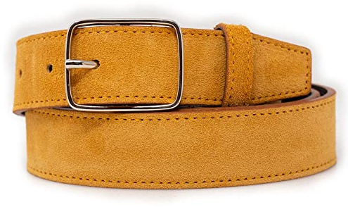 Cintura scamosciata giallo senape uomo in vera pelle cinta camoscio artigianale casual 3,5 cm con fibbia per jeans abiti da ragazzo made in italy belt classica elegante gialla 110 Vera Pelle Senape