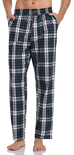 NC Herr pyjamasbyxor lång bomull rutiga sovbyxor pyjamasunderdel pyjamasbyxor fritidsbyxor loungebyxor för män, Blå + grön + vit, M