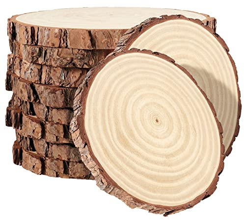 PINGEUI 10 Piece 18-20 cm Natural Wood Slices, Unfinished Wooden Circles with Bark, Round Blank Wooden Slices Wood Discs for DIY Crafts, Christmas Ornaments and Wedding Decorations