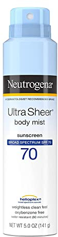 Neutrogena Ultra Sheer Body Mist Sunscreen Spray Broad Spectrum SPF 70, Lightweight, Non-Greasy & Water Resistant, Oil-Free & Non-Comedogenic UVA/UVB Sunscreen Mist, 5 oz