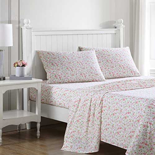 Laura Ashley - Queen Sheets, Cotton Percale Bedding Set, Lightweight & Breathable Home Decor (Norella Pink, Queen)