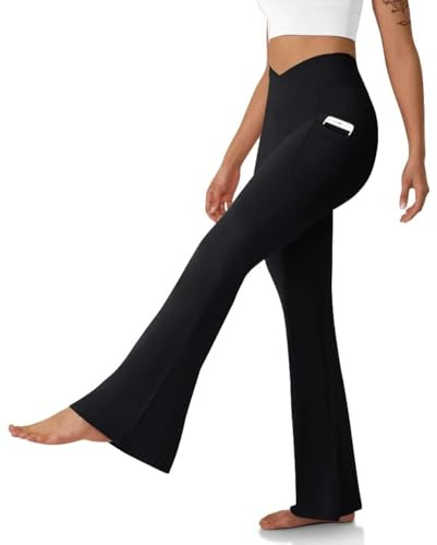 DLOODA Women's Flare Leggings with Pockets-Crossover High Waisted Bootcut Yoga Pants-Tummy Control Bell Bottom Leggings Black
