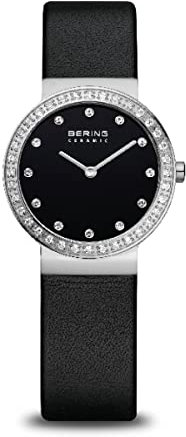 BERING Damen Quarz Uhr | Armbanduhr 29 mm silbernes Edelstahlgehäuse und schwarzes Zifferblatt | Kalbslederarmband | Saphierglas | 5 ATM | 10729-443