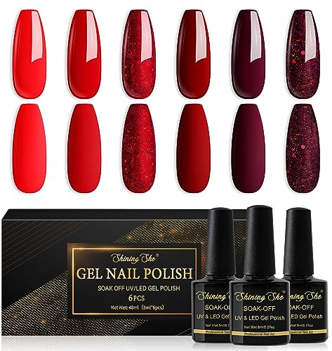 Shining She Nail Polishes Set, 6 Colours Burgundy Dark Glitter Red Gel Polish Set Soak-Off UV/LED Nail Polish Gel for Nail Art Salon DIY Home, 8ML