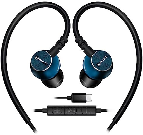 Hmusic Auriculares Deportivos con Cable con micrófono, Auriculares intraurales USB Tipo C con Gancho sobre la Oreja para Deportes, Correr, Entrenamiento, Ejercicio, Gimnasio (Verde)