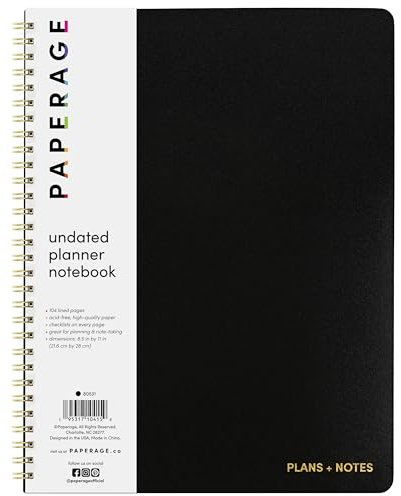 PAPERAGE Undated Daily Planner & To Do List Notepad (Black), 8.5 in x 11 in, Spiral Bound Planner Notebook for Work, School or Home, 104 Lined Pages With Date Tracker for Plans & Notes