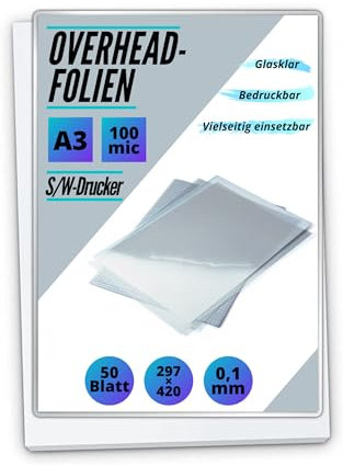 50 OHP-Folien A3 für S/W Laserdrucker und -Kopierer - transparent glasklar - PREMIUM Overheadfolien für beste Druck- und Projektions-Qualität