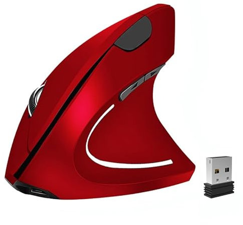 BeWishes Ratón ergonómico, mouse inalámbrico vertical de 2,4 G, ratón óptico vertical recargable de alta precisión ajustable 800/1200/1600 DPI, para laptop, etc., rojo, especialmente para diestros