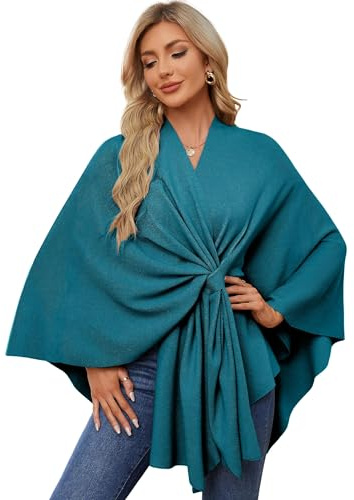 PULI Poncho, elegante da donna, a maglia, con apertura anteriore, con linguetta, Ciano scuro, Taglia unica