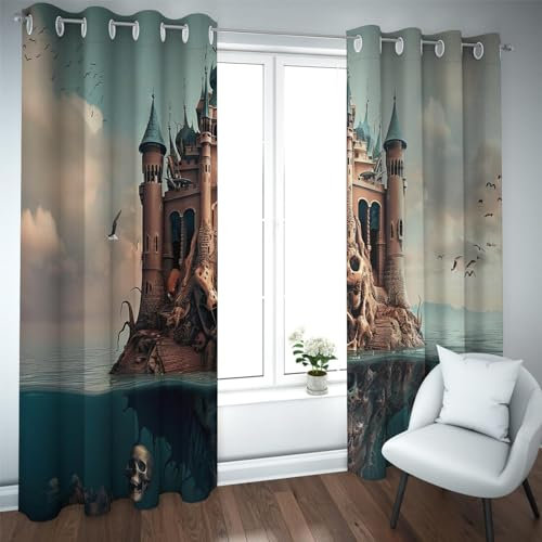 PARREN Horror Thema Verdunkelungsvorhänge Surrealismus Ösen Vorhänge Ozean Schloss Muster Fenstervorhänge für Schlafzimmer Wohnzimmer Thermovorhänge 140x270cm