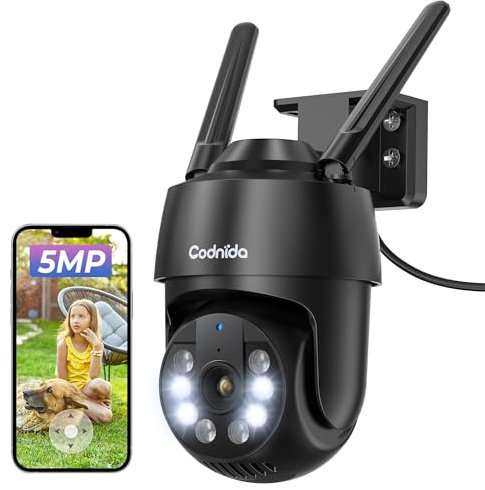 Codnida Caméra de Surveillance extérieure Wi-FI 5 MP 2,4/5 GHz avec détecteur de Mouvement, Suivi Automatique, Enregistrement 24h/24, 7j/7, Vision Nocturne colorée, IP66, Audio bidirectionnel, Noir