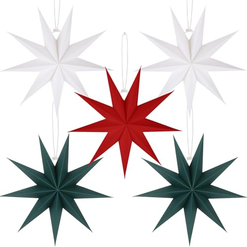 BestoFun 5 PCS Red Green White Paper Star Lanterns Hanging Stars Christmas Party Decorations Hanging Lampshade Christmas Wedding Birthday Christmas Home Party Decorations(12 Inch)