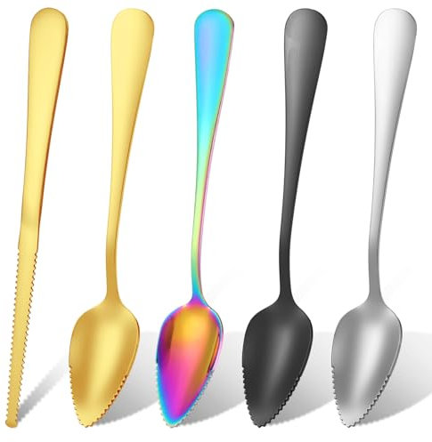 Lot de 5 cuillères à pamplemousse - 4 cuillères à pamplemousse en acier inoxydable avec lame dentelée et 1 couteau à pamplemousse, cuillère kiwi - Éplucheur d'orange - Cuillère à fruits pour baies