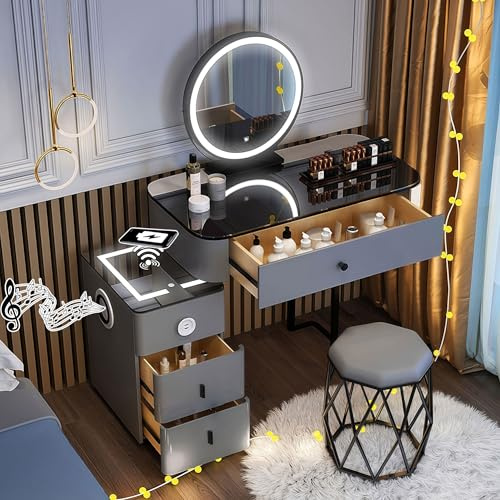 WSJJXS Small Dressing Table with Mirror and Stool, Grey Vanity Desk with Drawers for Bedroom, Makeup Desk with LED Lights/Wireless Charging/USB Charging Port/Bluetooth speaker (Grey, 70cm/27.65inch)