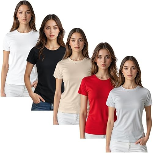 True Face Womens Plain T Shirts Crew Neck Fitted Short Sleeve Tee Top for Ladies Soft Cotton Stretch Summer Shirt for Casual Daily Wear, Layering, Travel or Outdoor Style Assorted - 5 Pack Set2 M