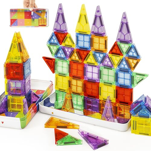 cossy Mini magnetiska byggstenar, 80 st magnetiska byggstenar, reseleksak med metalllåda, magnetspel för barn, magnetkakel för pojkar och flickor från 3+ år, Montessori leksak