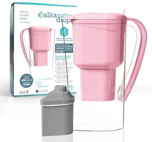 Caraffa filtrante per acqua Alkanatur Drops Rosa con filtro in zeolite - Idrogena + ionizza + aggiunge magnesio, rimuove cloro + metalli + batteri - Conforme alla norma UNE 149101:2015 - ALKANATUR