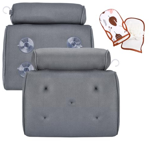 JOTOL Cuscino Vasca da Bagno, Ergonomico Cuscino da Bagno con 4D Air Mesh & 5 Antiscivolo Ventose, per Vasca da Bagno, Spa Domestica(con Guanto da Bagno)