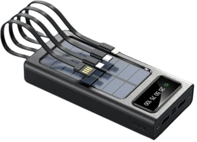 Batteria solare, con cavi integrati, display LCD, ricarica per 5 dispositivi, Nero/Bianco (Nero, Milliampere ore, 30000.0)