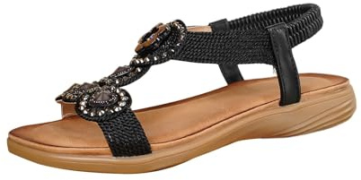 Nuoke sandalias mujer,sandalias negras planas mujer, planas con tiras en T y cuentas para, con piedras preciosas de colores y elástico De es (Black, 39)