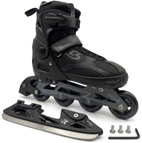 Cox Swain Black Ice 2in1 Inliner & Schlittschuhe - Größenverstellbare Kombi Skates & Eislaufschuhe für Kinder, Mädchen, Jungen, Damen & Herren - Edelstahlkufen, PU-Rollen, ABEC 7, Gr. 29-32 bis 43-46