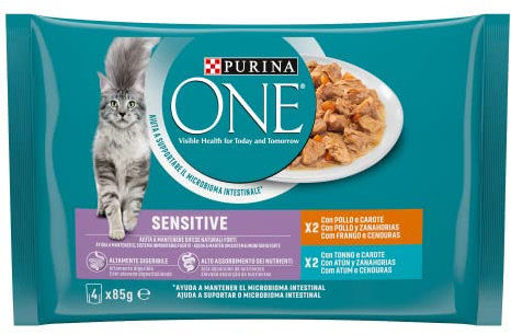 Purina One Sensitive Umido Gatto Pollo e Carote e Tonno e Carote, 48 Buste da 85g