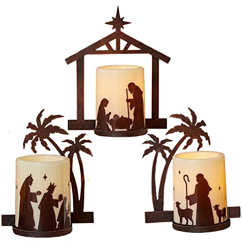 Holiday Nativity Candleholders Christmas Season - A Set Of 3 Flameless Christmas Nativity Scene Candles, Holiday Home Decor Accents