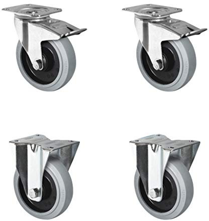 CASCOO SETTPFP125R4E2B34 Rollensatz 2 Lenkrollen mit Feststeller, 2 Bockrollen, Polyamid, Elastik grau, Gummi, Durchmesser 125 mm, Kugellager, Transportrollen, Traglast 600 kg (4-er Pack)