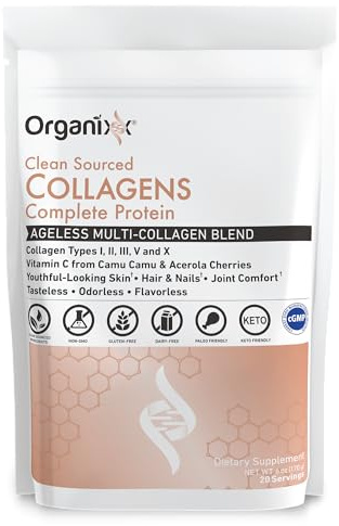 Organixx Clean Sourced Collagen Peptides Powder with Vitamin C, Types I, II, III, V, X Hydrolyzed Collagen, Hair, Nail, Skin, Bone & Joint Health, Aging Support, Gluten Free, Unflavored, 20 Servings