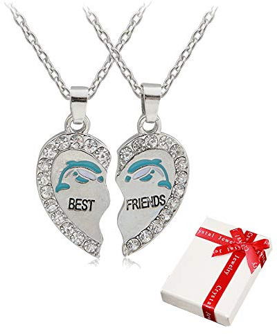 cholinchin 2 pcs chaîne de Dames Pendentif en Argent avec Strass pour Couple, Colliers d'amitié Coeur Meilleurs Amis Haslkette Gravure Dauphin, Colliers Partenaire de Bijoux pour, Amoureux et Cadeaux