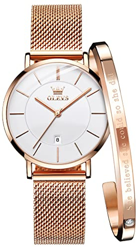 OLEVS Ladies Watch Rose Gold Stainless Steel Mesh Strap Ultra Thin White Face Waterproof Japanese Quartz Dress Date Women Wrist Watch
