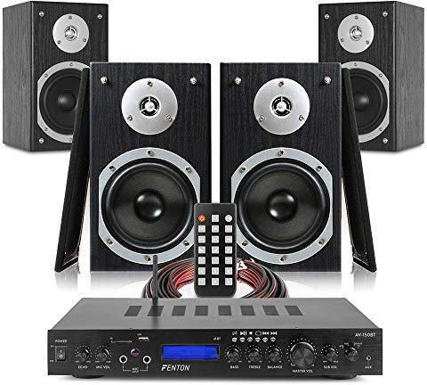 Fenton SHFB55B 4.0 Surround Sound System - 5 Hi-Fi Bookshelf Speakers, AV-150BT Bluetooth Amplifier, FM Radio & Home Cinema Theatre Audio Kit, 140W - Black