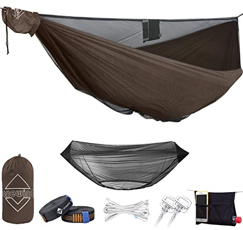 onewind 3,4 m dubbel campinghängmatta med myggnät och ridgeline, brun | 70D Hexagon Ripstop-nylon, No-see-ums bugnet, 152 cm enkel bred panel, bärbar lätt hängmatta för vandring backpacking