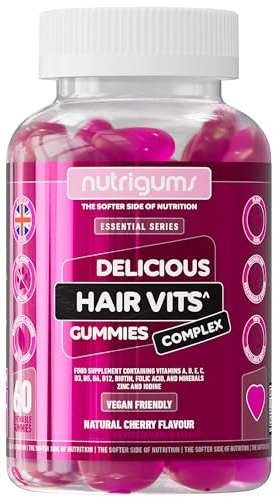 Hair Vitamin Biotin Complex Gummy | 12 Essential Vitamins containing Biotin, Vitamin C, Folic Acid and Zinc | Cherry Flavour | 60 Vegan Gummies | Maintain Healthy Hair Growth by NUTRIGUMS®