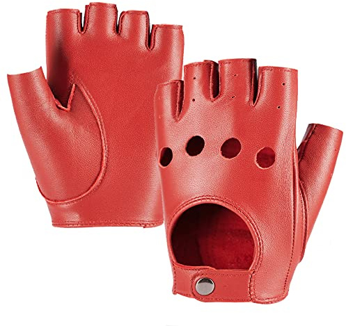 MGGMOKAY Womens Fingerless Leather Driving Gloves Sheepskin Half Finger Cycling Motorcycle Glove Unlined,Red,L