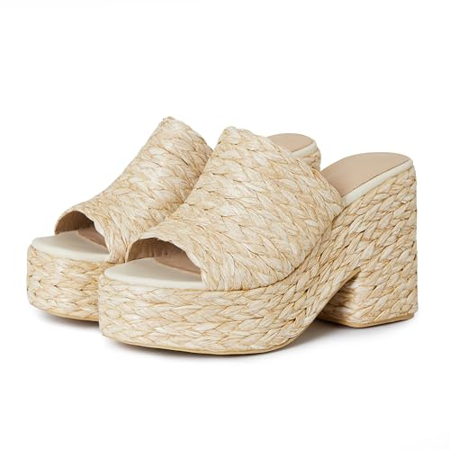 CYNLLIO Platform Sandals for Women Espadrilles Wedegs Open Toe Heels Raffia Woven Slides Chunky Heeled Boho Shoes for Summer Beach Vacation Size 7