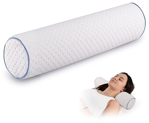 FYB Rollos para el Cuello,Almohada para el Cuello,Almohada de Espuma viscoelástica,Almohada de Apoyo para la Espalda,Alivio del Dolor Cervical,núcleo Redondo,Funda extraíble(45x13cm,Borde Azul Cielo)