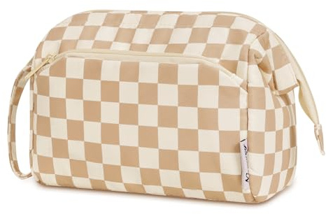 Narwey Large Makeup Bag Wide-Open Zipper Pouch Travel Wash Bag Toiletry Bag Cosmetic Organizer for Women (Light Brown Checkerboard)